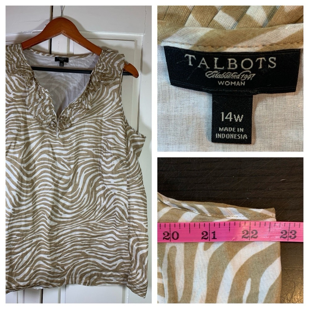 Talbots Ruffle Neck Tank Womens Size 14W Brown White Zebra Print Office Church‎